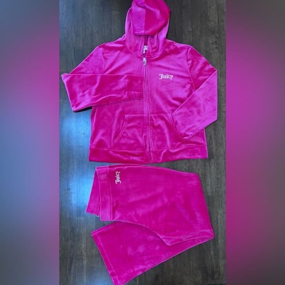 Juicy Couture Velour Tracksuit Set XXL/XL Hot Pink Hooded Y2K Rhinestone Bling - Picture 12 of 12